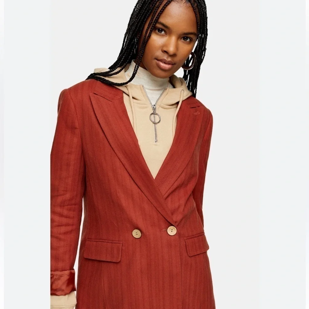 Topshop Rust Self Stripe linen blend double breasted notched collar blazer 6 - Picture 1 of 16